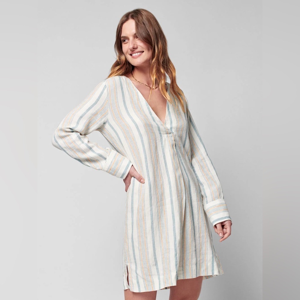 Faherty Beach‎ Days Linen Luciano Stripe Tunic Dress Stripe V Neck